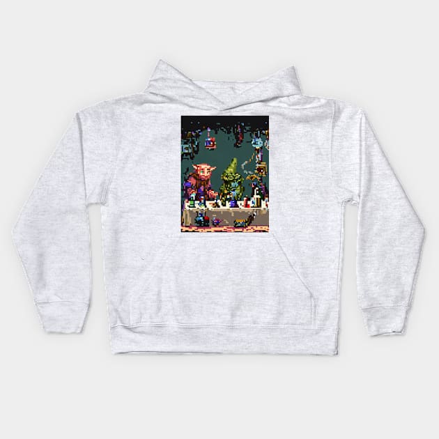 A goblin market selling strange items pixel art Kids Hoodie by maricetak